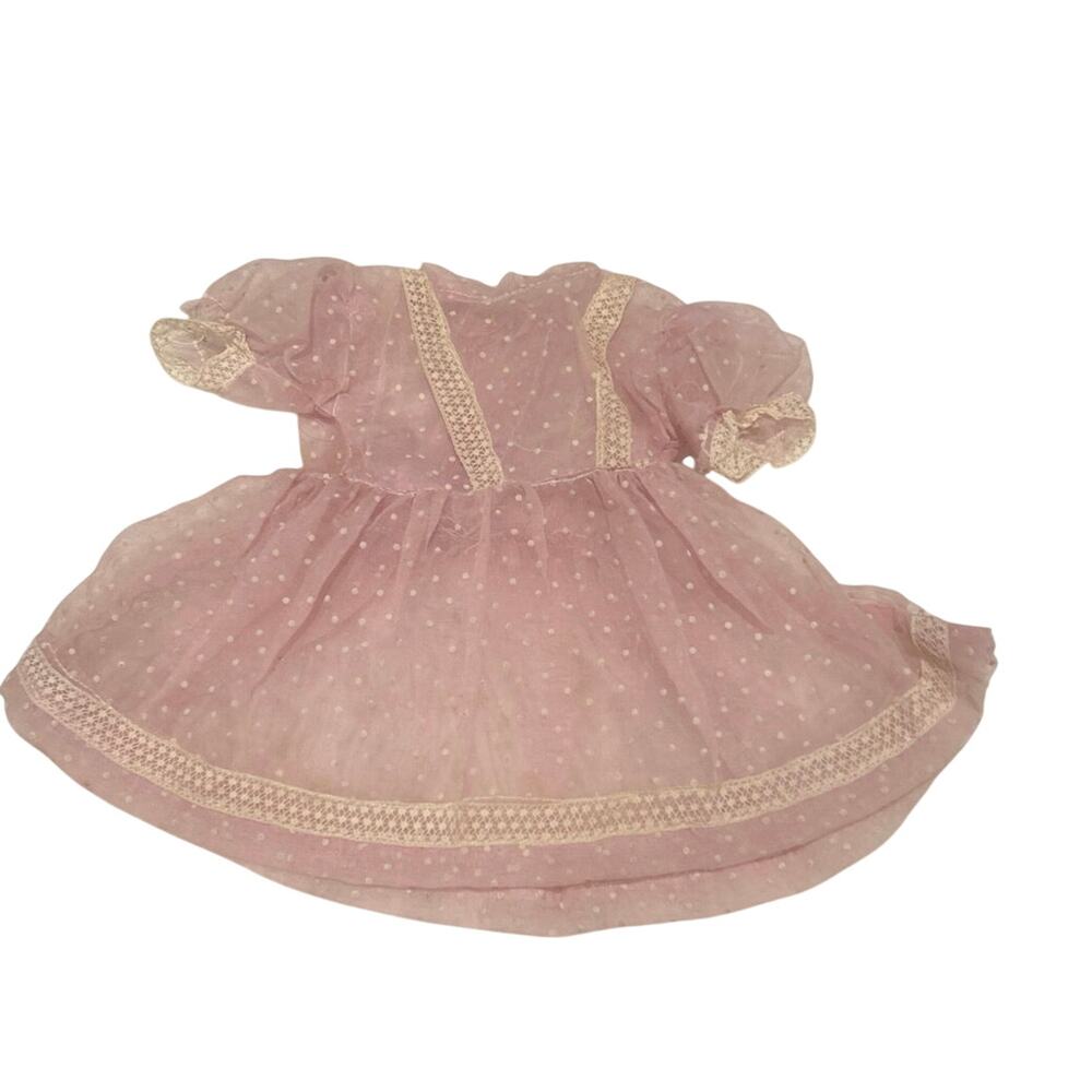 Vtg 40’s/50’s Pink Sheer Doll Dress Ivory polka dots Lace Doll Clothes Homemade